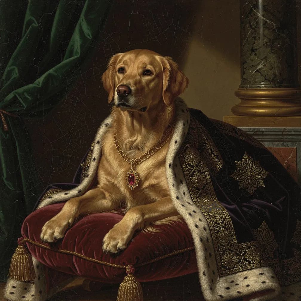 Gouden Retriever Renaissance portret schilderij in Vlaamse meesterstijl